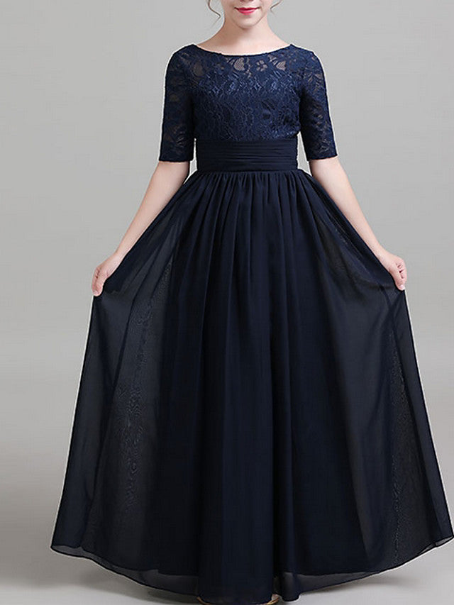 A-Line Round Neck Floor Length Chiffon Junior Bridesmaid Dress With Ruching
