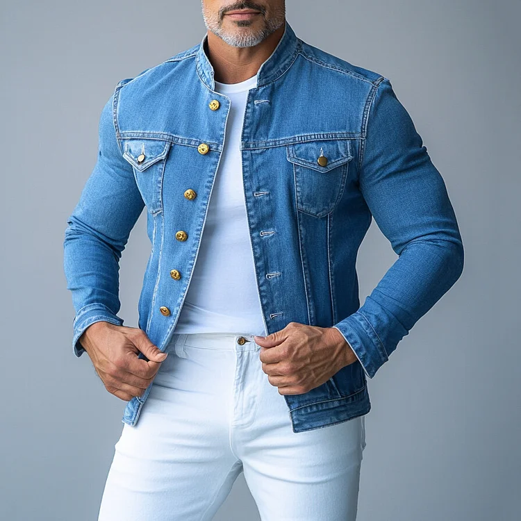 Men's Stand Collar Metal Button Long Sleeve Denim Jacket