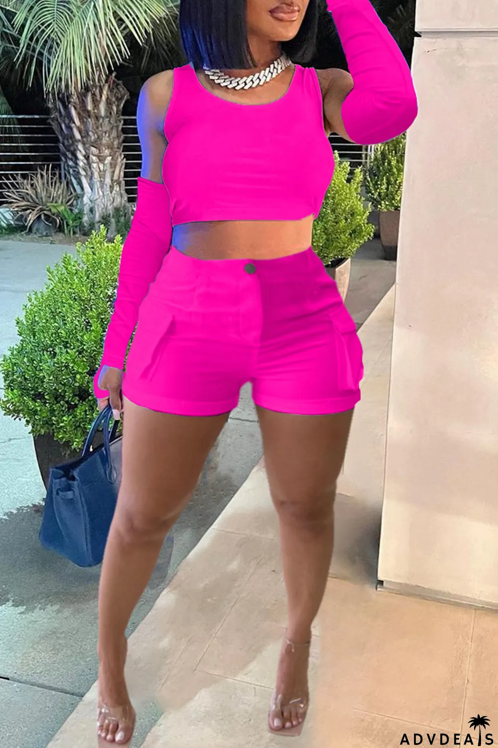 Khaki Casual Solid Basic O Neck Four Piece Set (With Sleeves)