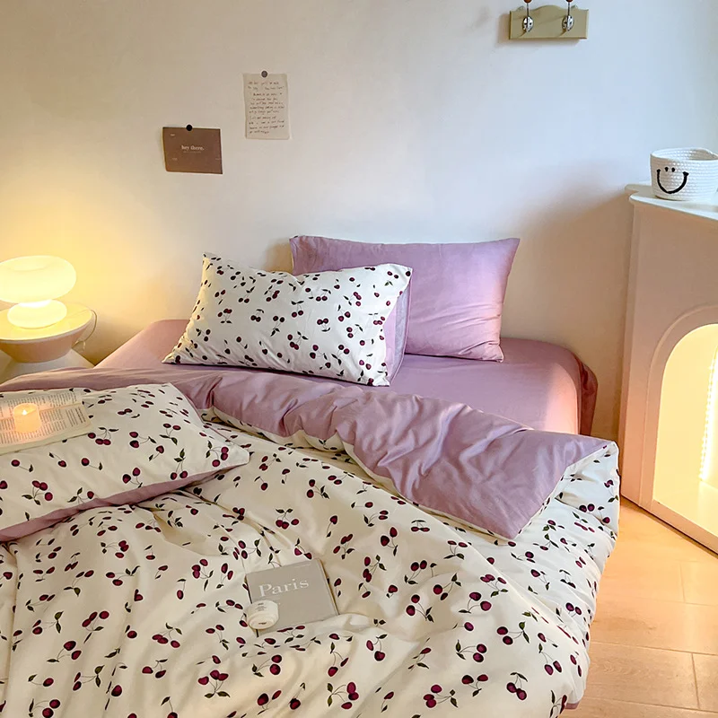 Aonga Ins Korean Style Bedding Set Cherry Pure Cotton Floral Purple Single Double King Duvet Cover Fitted Flat Sheet Pillowcase Kit aonga