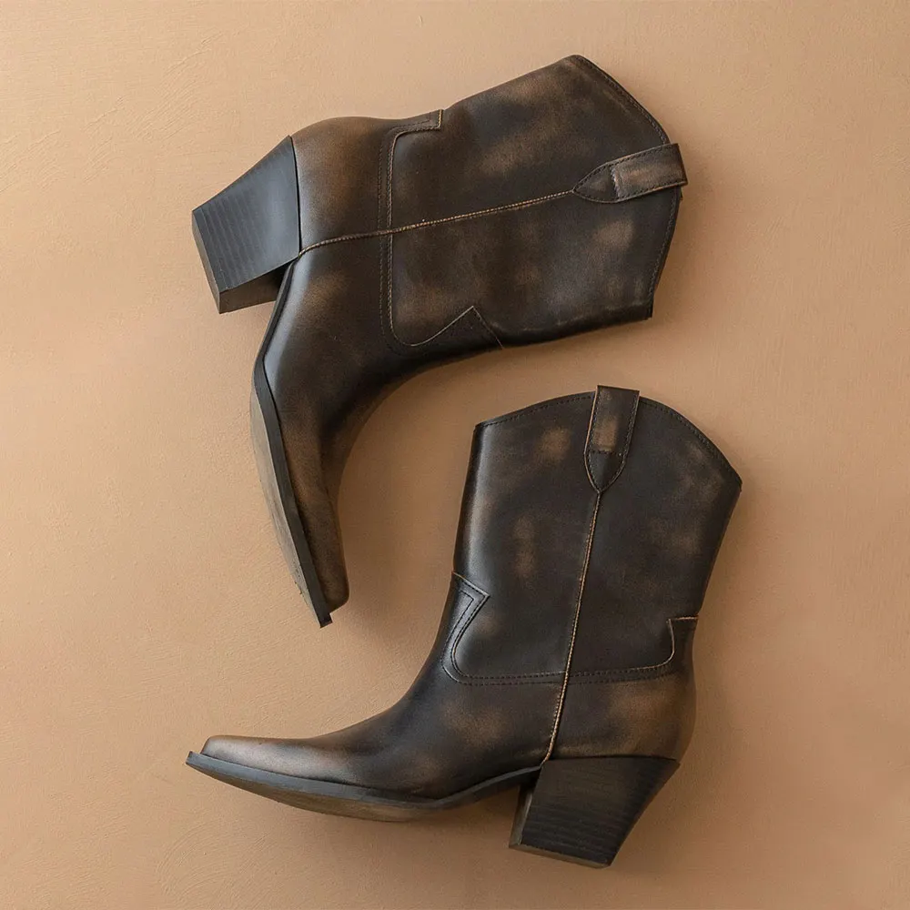 Distressed Brown Slip On Heeled Pointed Toe Western Ankle Boots