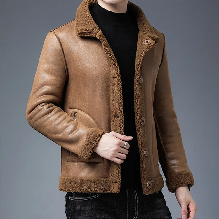 Men's Fur Fleece Leather Jacket Coat VangoghDress
