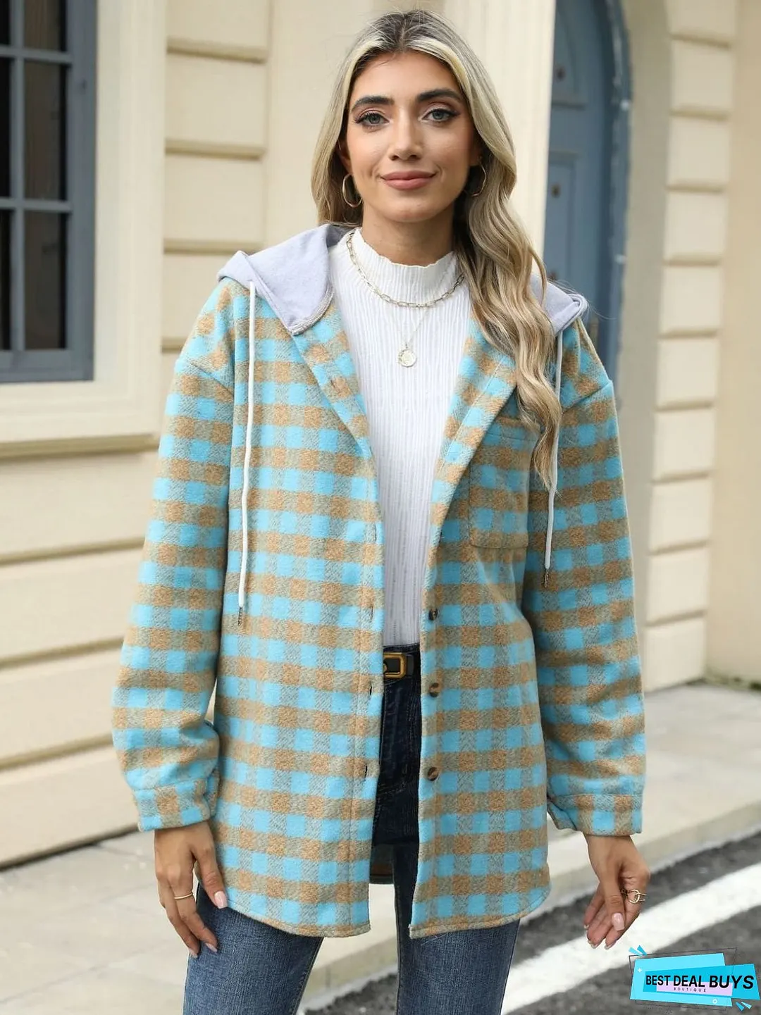 Drawstring Plaid Long Sleeve Hooded Jacket