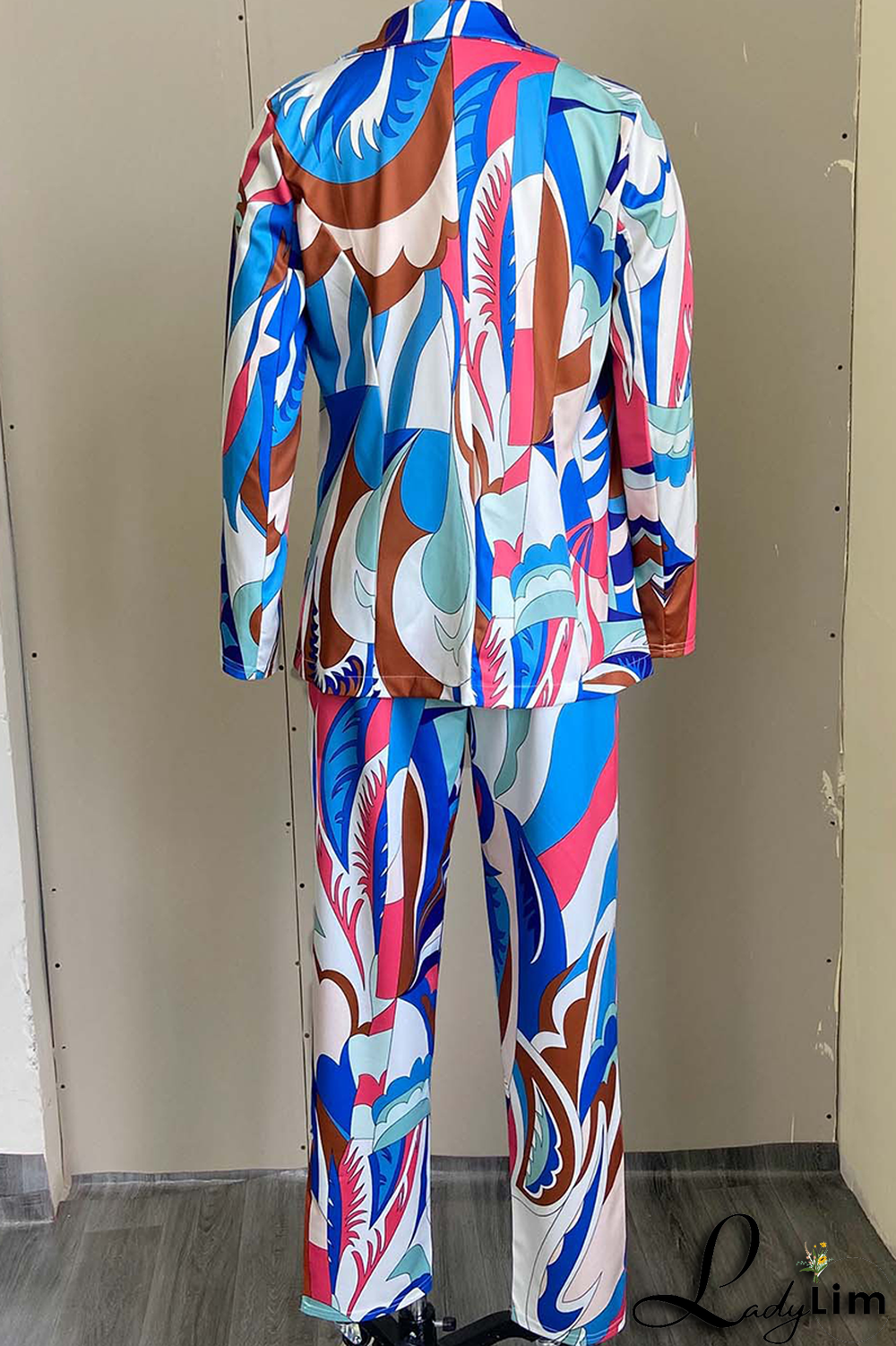 Pink Casual Print Split Joint Turndown Collar Long Sleeve Two Pieces