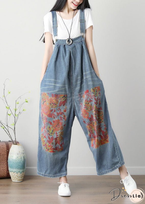 Simple Blue Patchwork Print Wide Leg Carpenter Pants Spring