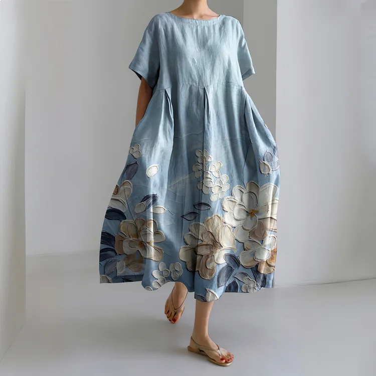 Blue Floral Art Painting Linen Blend Maxi Dress