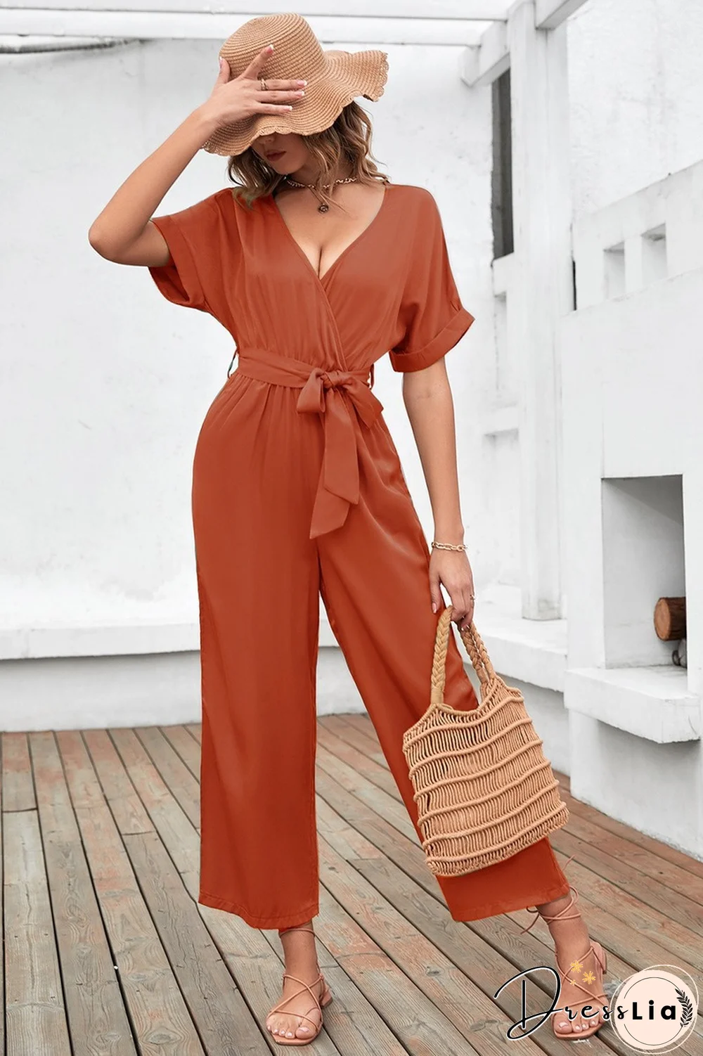 Fashion Casual Skinny Women Jumpsuit For Summer Women Jumpsuit New V Neck Lace-up Solid Waist Short Sleeve Jumpsuit