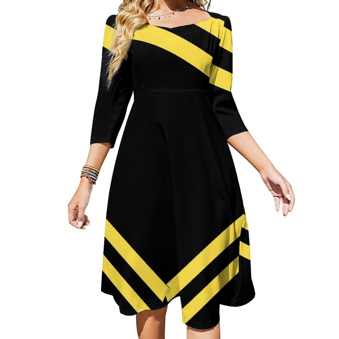 Black Yellow Stripe Pattern Workout Dress Sweetheart Tie Back Flared 3/4 Sleeve Midi Dresses