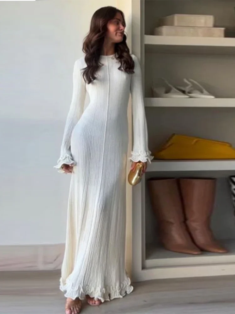 Opandiner fall wedding guest dress september Sexy Elegant O Neck Maxi Knitted Dress Women Back Lace Up Fishtail Slim Dresses Fashion Lady Casual Flared Long Sleeve Robes Dresses