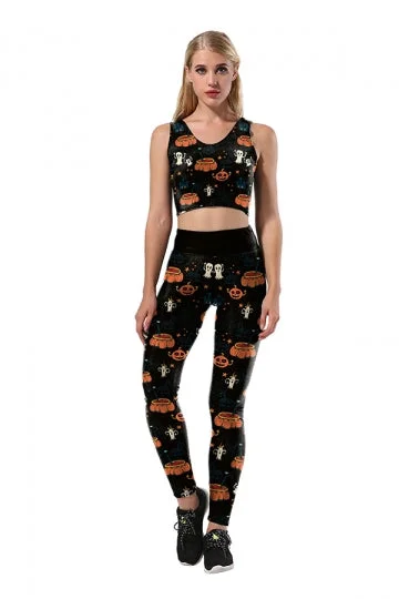 Women Pumpkin Printed High Waist Halloween Sports Wear Suit Black-elleschic