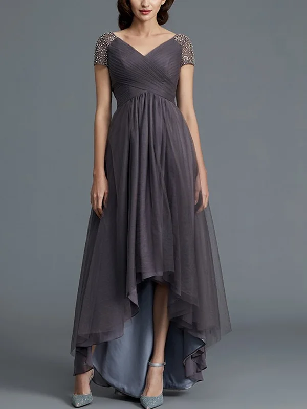 A-line V-neck Short-sleeve Asymmetric Tulle Maxi Dress