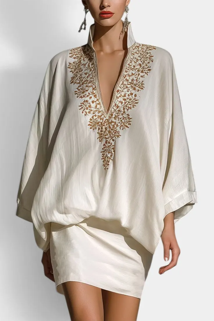 Deep V-Neck Embroidered Blouson Top with Matching Skirt Set
