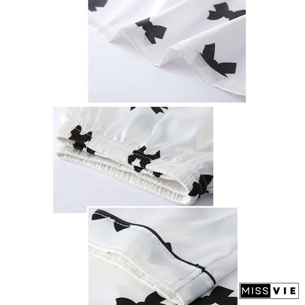 Love Heart Bow Knot Print Silk Pajamas Seven Pieces Set