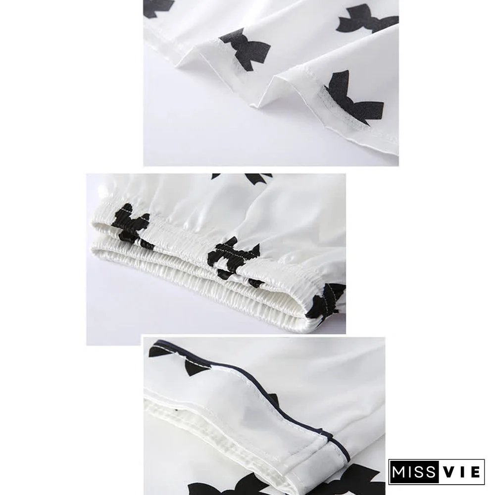 Love Heart Bow Knot Print Silk Pajamas Seven Pieces Set