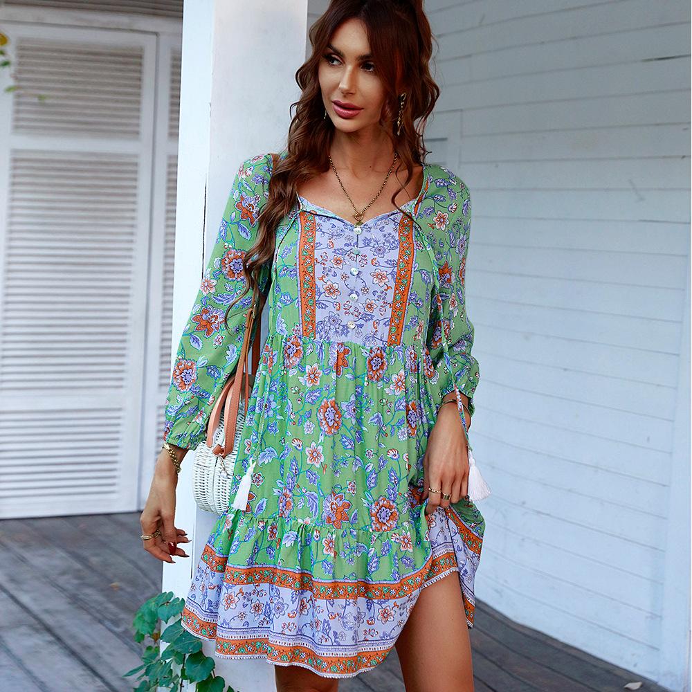 Mature Ladies Boho Print Button Long Sleeve Fringe Dress
