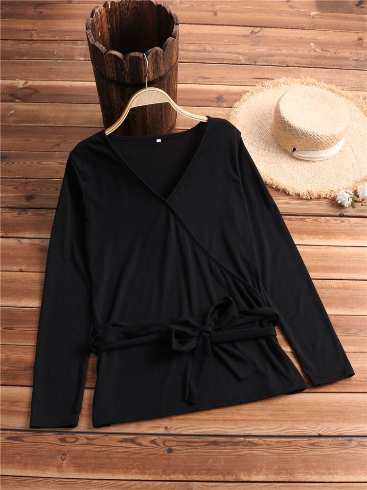 Cotton Drawstring Waist Solid Color Long Sleeve Deep V neck Blouses P1351082