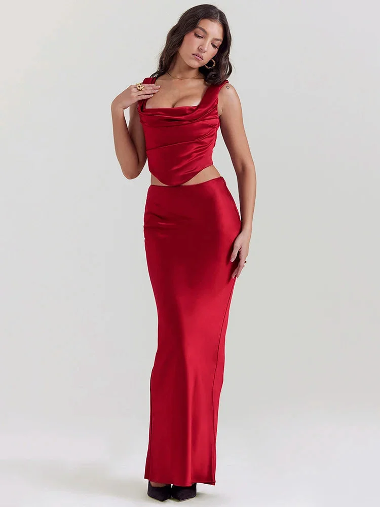Brownm Satin Corset Top & Maxi Skirt Two Piece Set