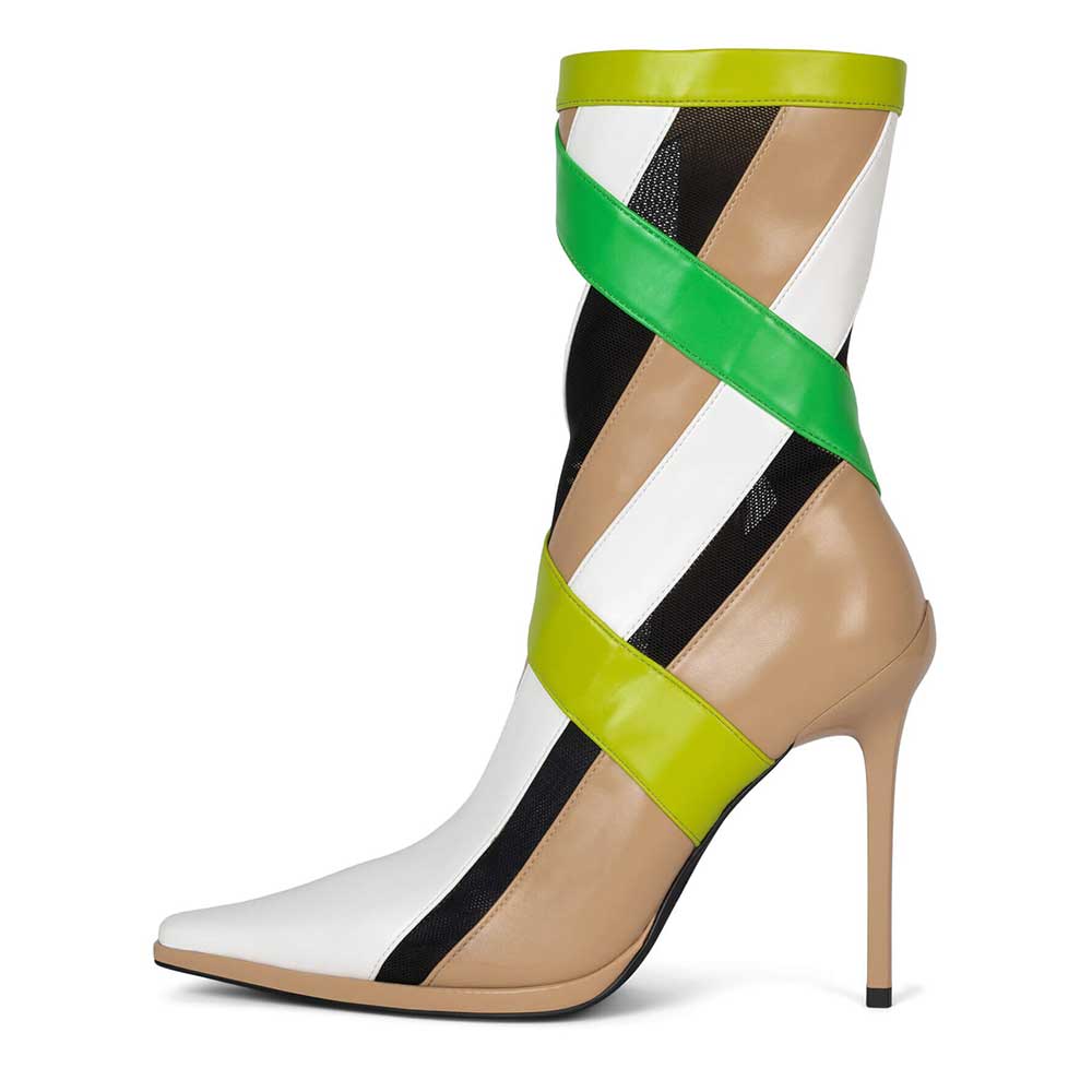 Multicolor Snip Toe Stiletto Heel Colorful Stripe Mid-Calf Boots Nicepairs