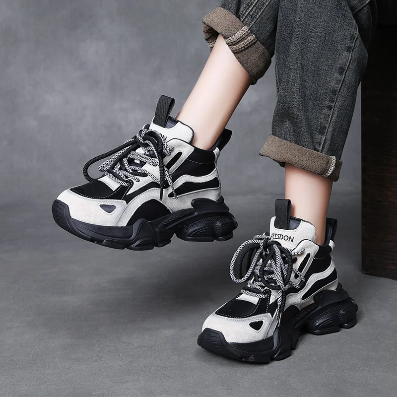 Yyvonne Layer Of Cowhone Cake Thick-Bottomed Old Dad Shoes Women In The Autumn Of The New Small Man To Increase The Casual Shoes Fashion