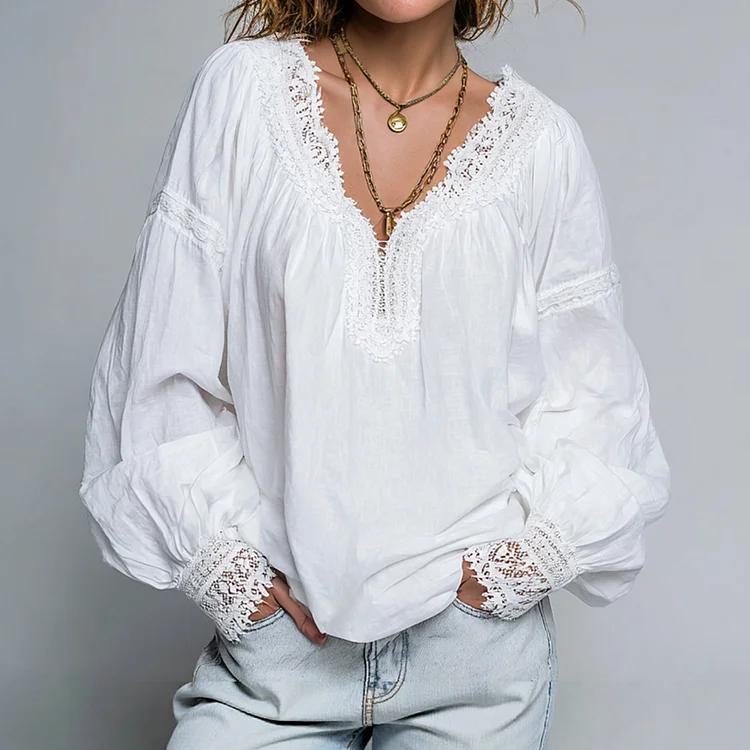 Ursime Lace Patchwork V Neck Lantern Sleeve Solid Blouse