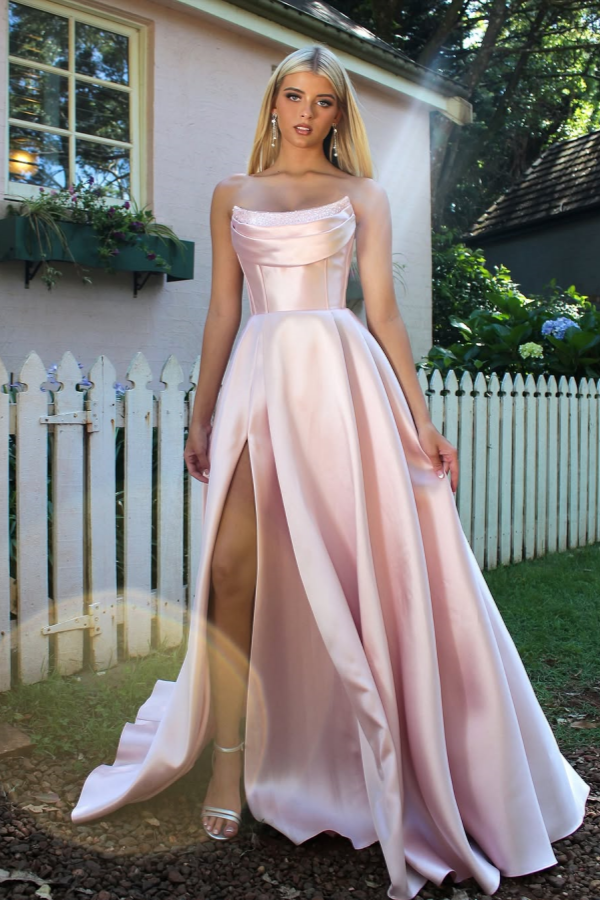 Oknass Strapless Sleeveless A Line Long Prom Dress With Split Pleated 
