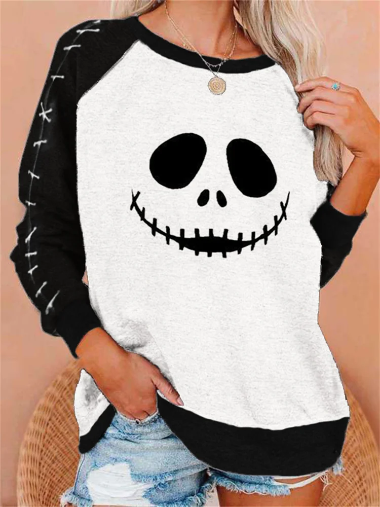 Halloween Spooky Face Stitch Contrast Color Sweatshirt