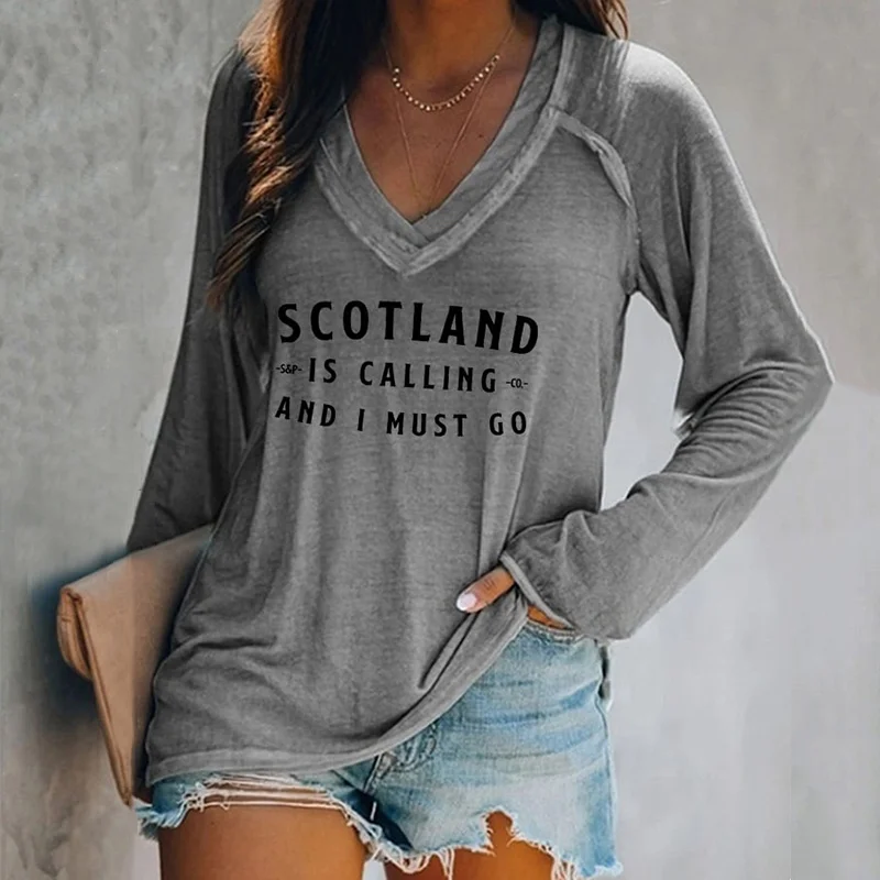 Women's Scotland Is Calling And I Must Go Print V-Neck T-Shirt