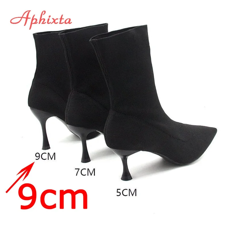 Aphixta 9cm 7cm 5cm Stretch Fabric Socks Boots Women Black Shoes Elegant Pointed Toe Knitting Elastic Ankle Boots for Women