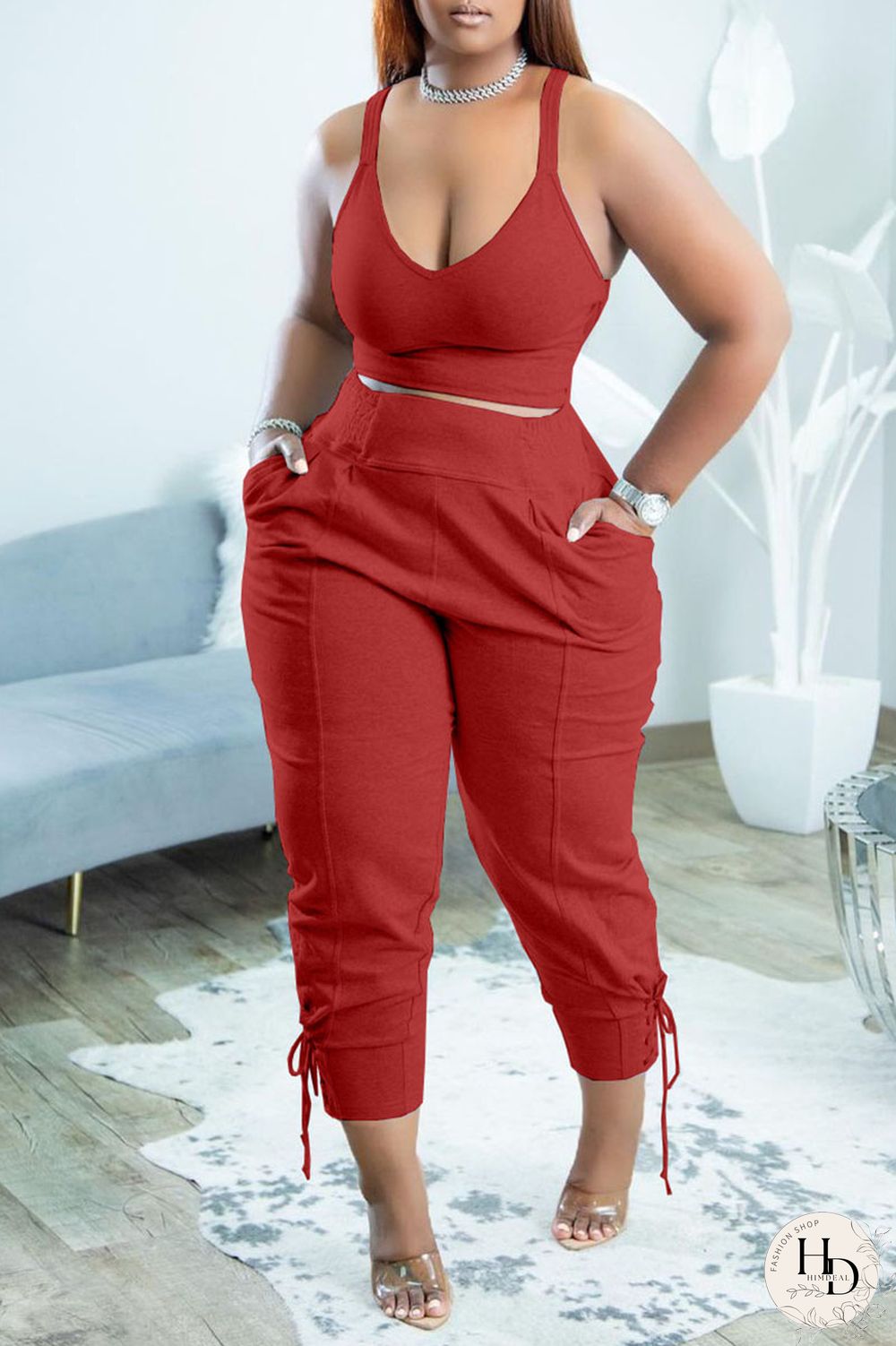 Red Casual Solid Split Joint Spaghetti Strap Sleeveless Two Pieces
