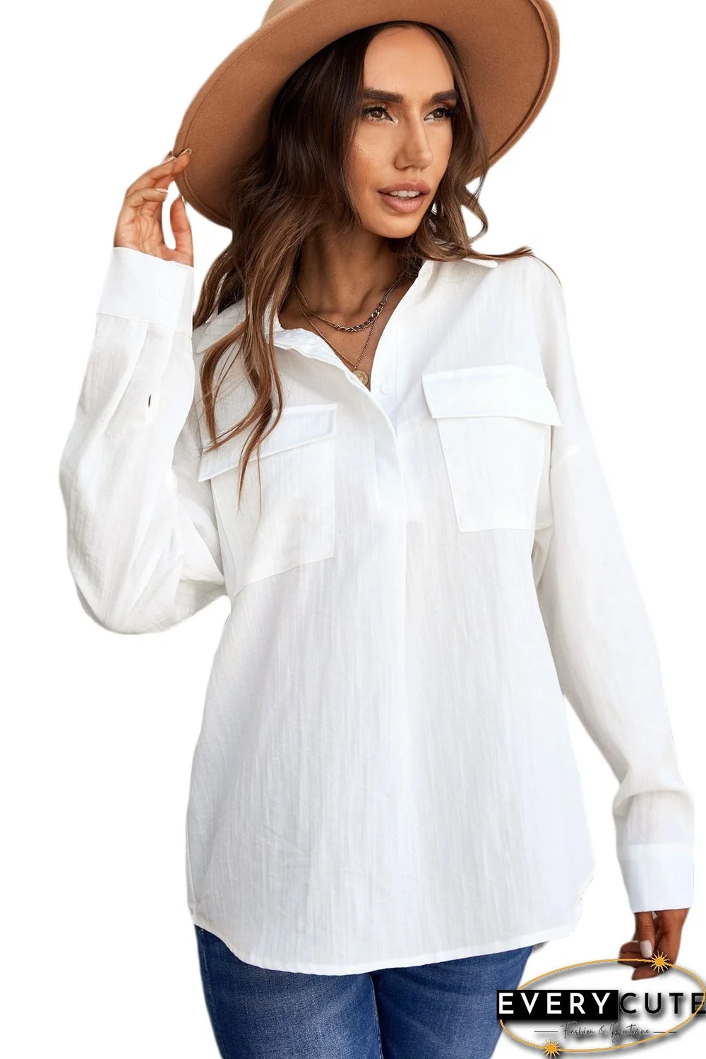 White Buttoned Long Sleeve Shirt with Pocket