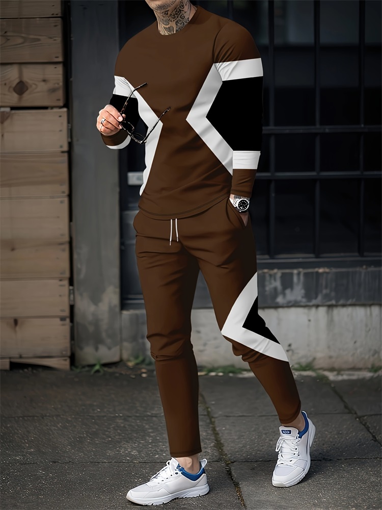 Geswet 2025 New Spring And Autumn Men's Long Sleeve T-shirt And Long Pants Set Daily Street Men's Fashion Long Sleeve T-shirt