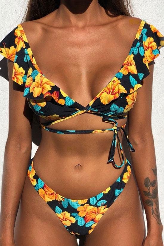 Floral Multi Way Ruffle Tie String Bikini Swimsuit - Two Piece Set-elleschic