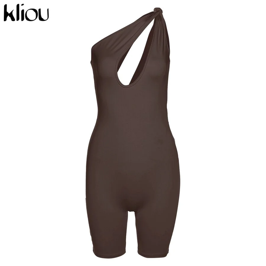 Woherb Kliou One Shoulder Cut Out Biker Shorts Rompers 2021 Sleeveless Sporty Workout Activewear Playsuits Solid Casual Women Clothing