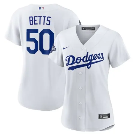 Women's Los Angeles Dodgers #50 Mookie Betts  White 2025 World Series Champions Home Replica Player Jersey