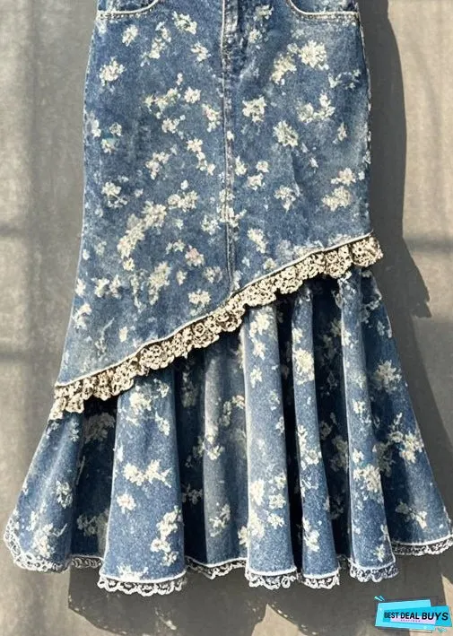 Silm Fit Blue Print Patchwork Denim Wraped Skirt Fall