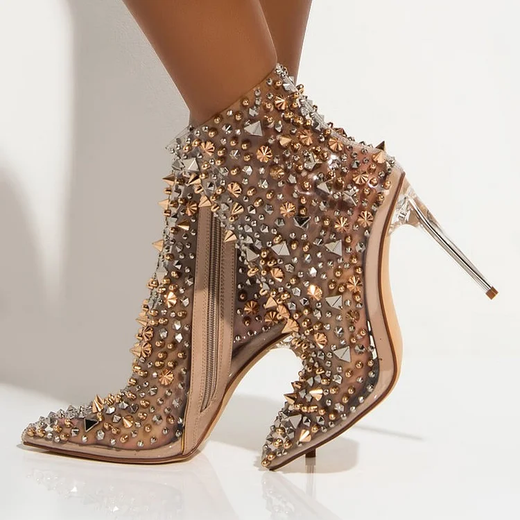 Nude Pointed Toe Ankle Boots with Rivets and Clear Heels Vdcoo