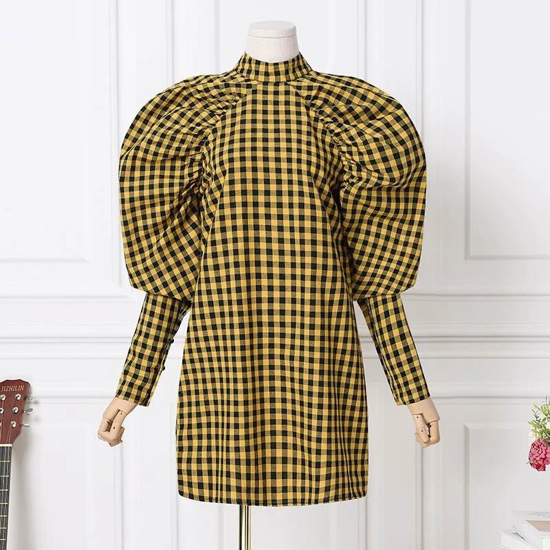 2022 ZANZEA Summer Y2k Women Mini Dresses Party Vestidos Fashion Plaid Dress Casual Puff Sleeve Stand Collar Sundress Oversized