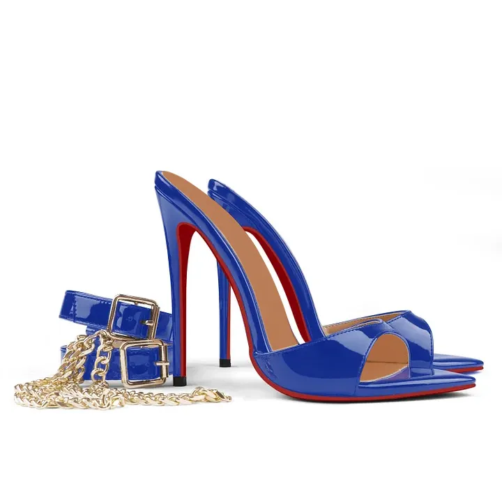 120mm Women's Sandals Removable Chain Ankle Strap Pointed Toe Mules Heels-vocosishoes