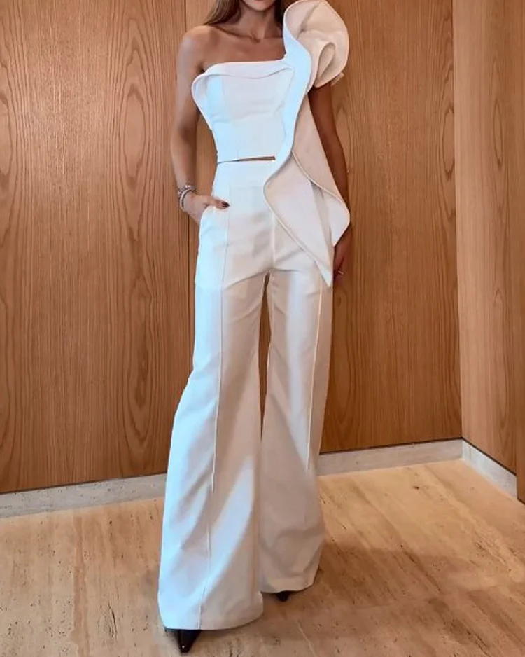 One-shoulder solid color two-piece suit
