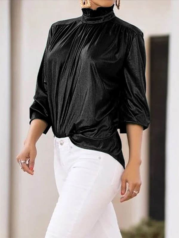 Loose Three-Quarter Sleeves Shiny Solid Color High-Neck Blouses&Shirts Tops BLACK-2XL