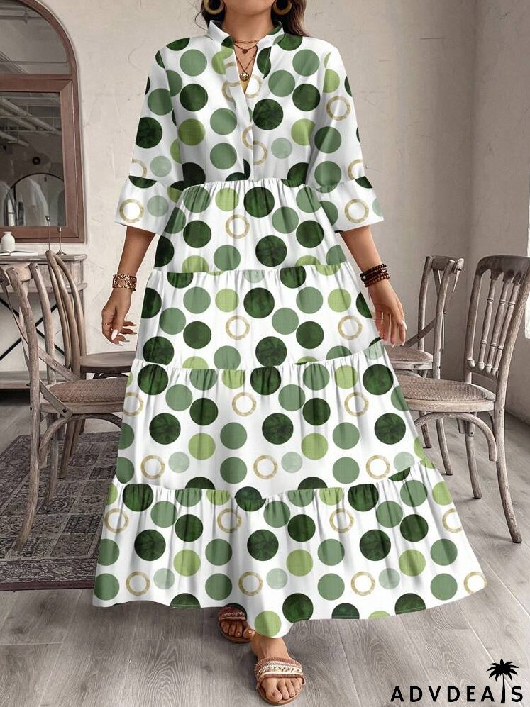Casual & Elegant Plus Size Women Polka Dot Print Midi Dress, Spring & Autumn