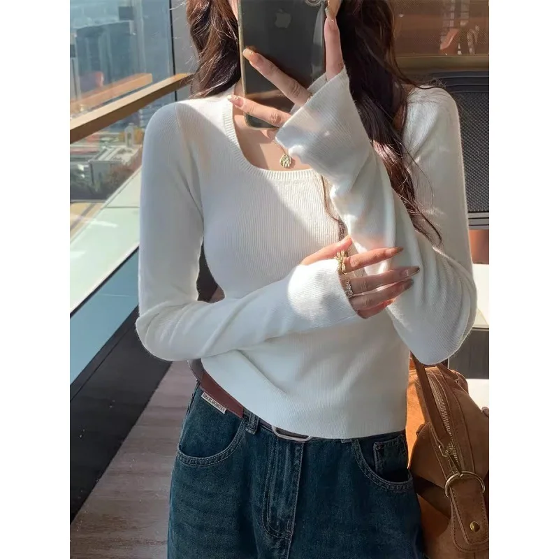 Uveng Uveng Bottomed Women's 2024 New Spring And Autumn Gray Sweater To Collar Knitted Shirt High-End Feel Inside The Top
