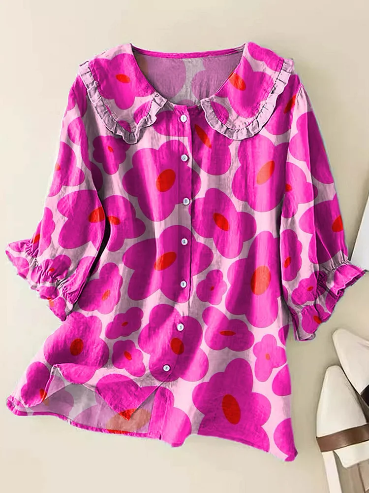 Women's Lovely Floral Art Print Casual Peter Pan Collar Cotton Shirt