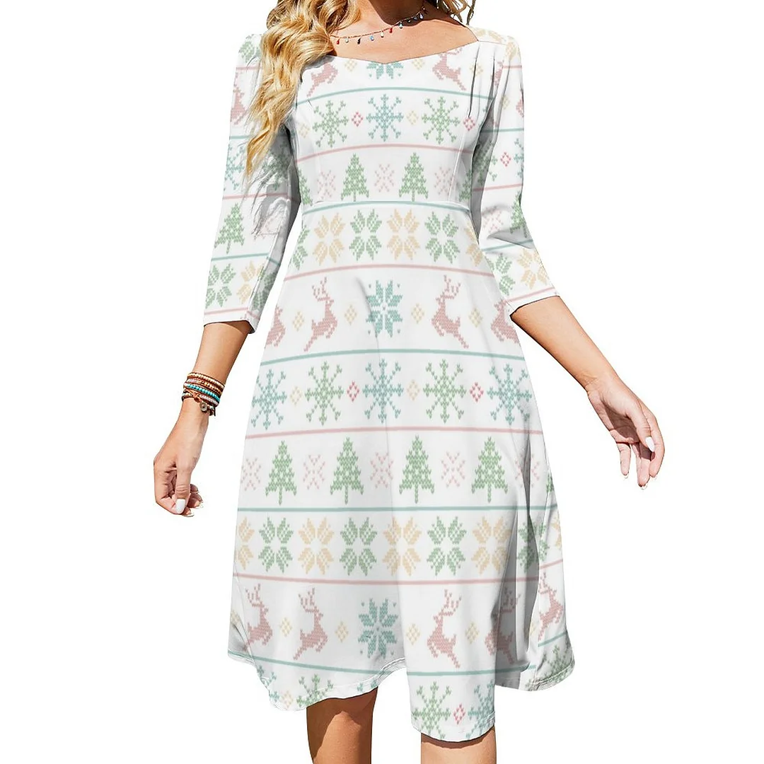 Modern Nordic Knit Ugly Sweater Pastel Pink Green Dress Sweetheart Tie Back Flared 3/4 Sleeve Midi Dresses