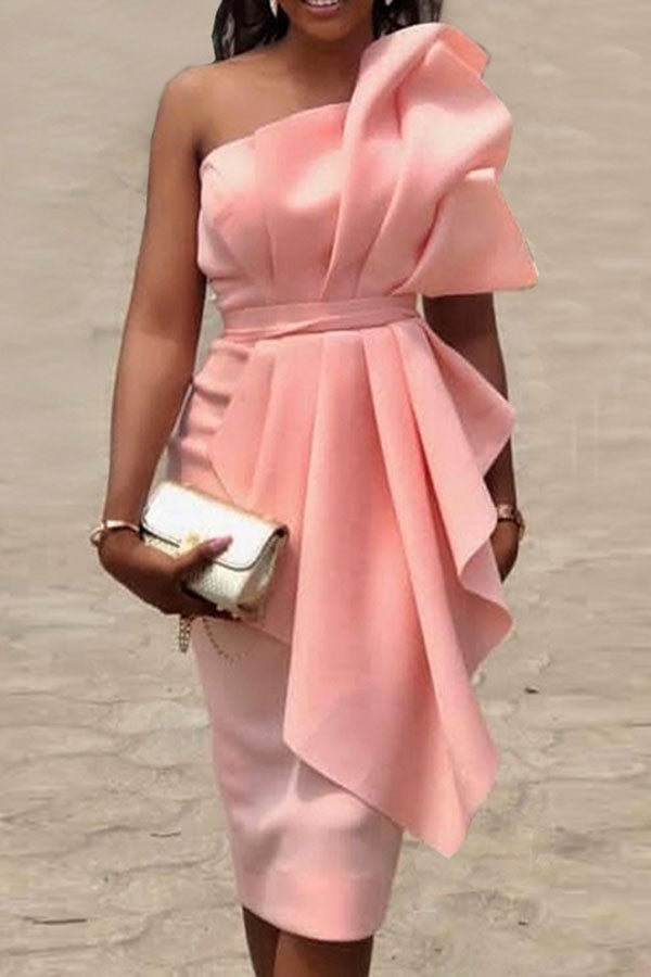 Pink Romantic Pleated Ruffle Midi Dress