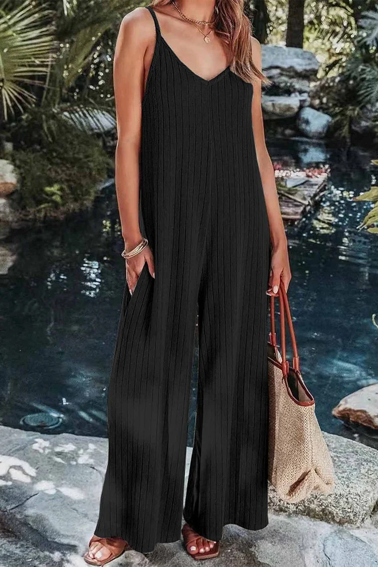 Solid Color Ribbed Sleeveless Wide Leg Jumpsuit