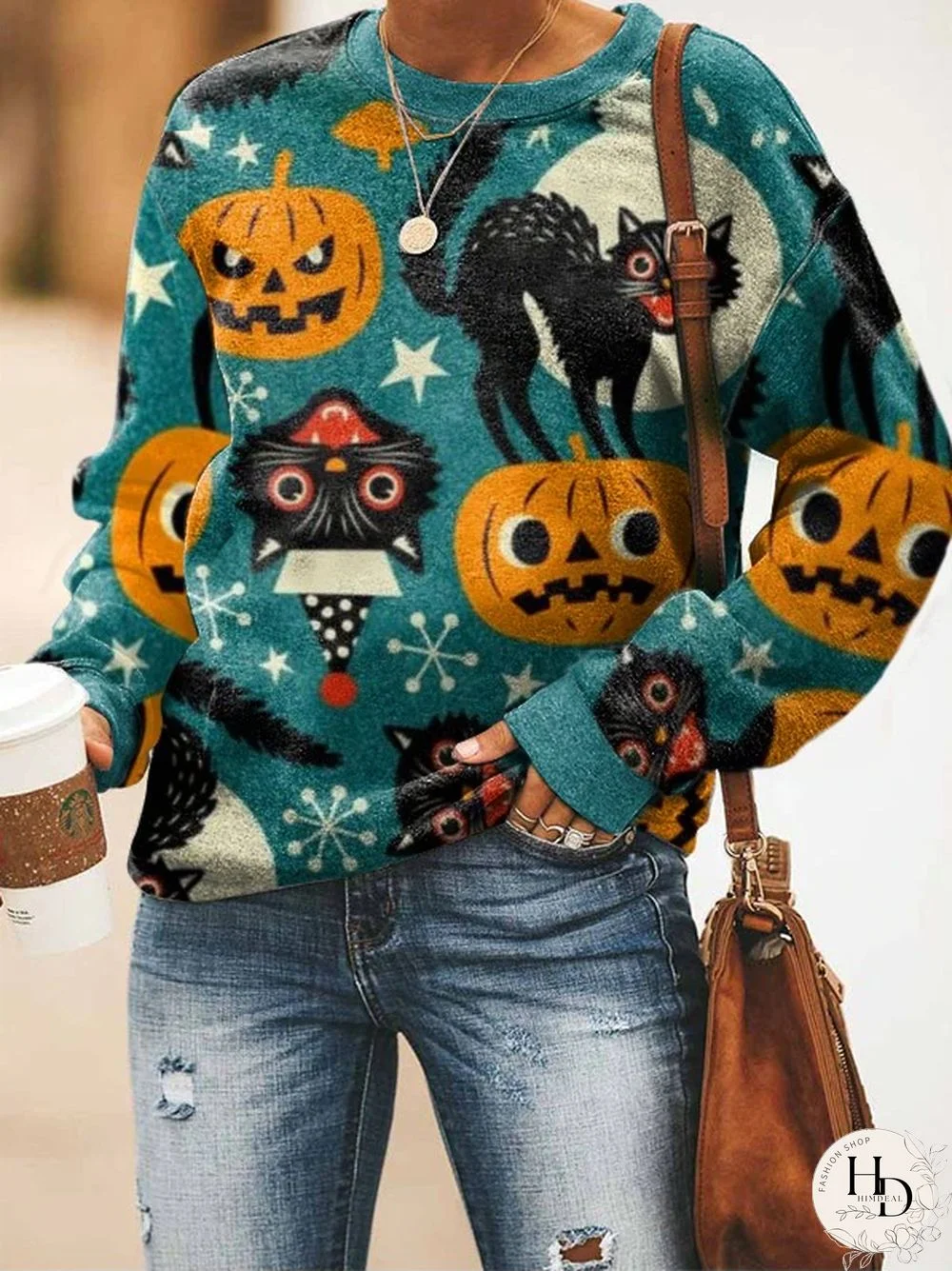 Halloween Black Cat Pumpkin Casual Crew Neck Sweatshirt
