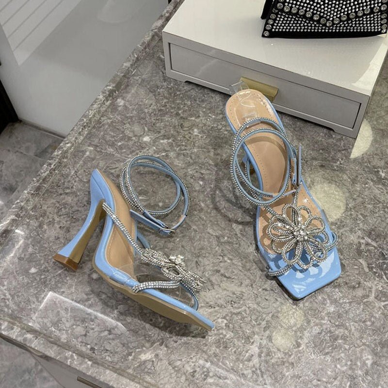 2022 Summer Women Sandals Square Toe Crystal Buckle Strap Transparent Female Pumps Elegant Ladies High Heels Fashion Footwear