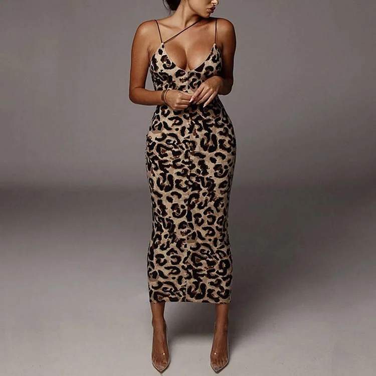 Leopard Pattern Deep V-Neck Sleeveless Dress - IRBOOM Fashion Clothing