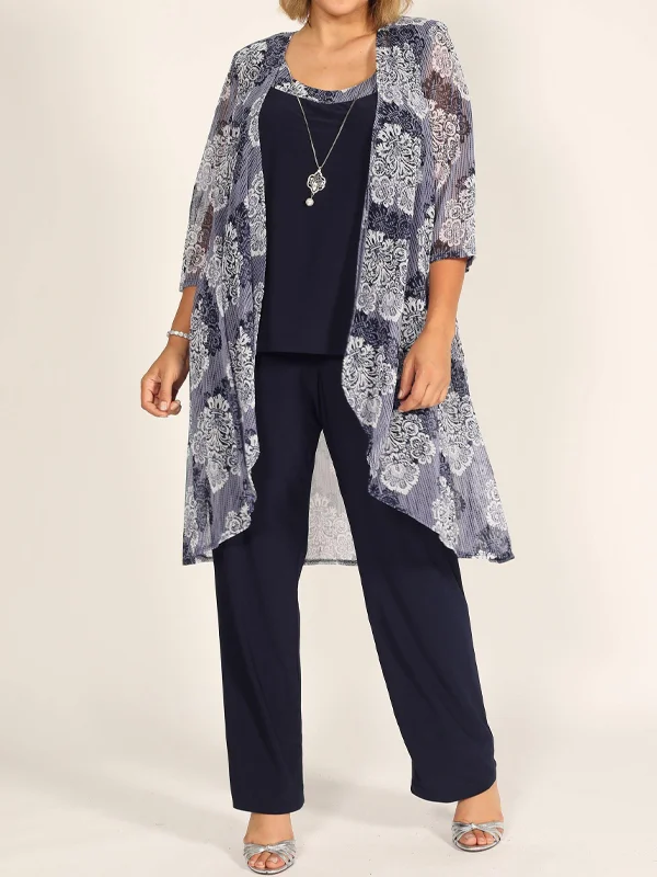 Three-piece suit of round neck printed vest, printed jacket, trousers